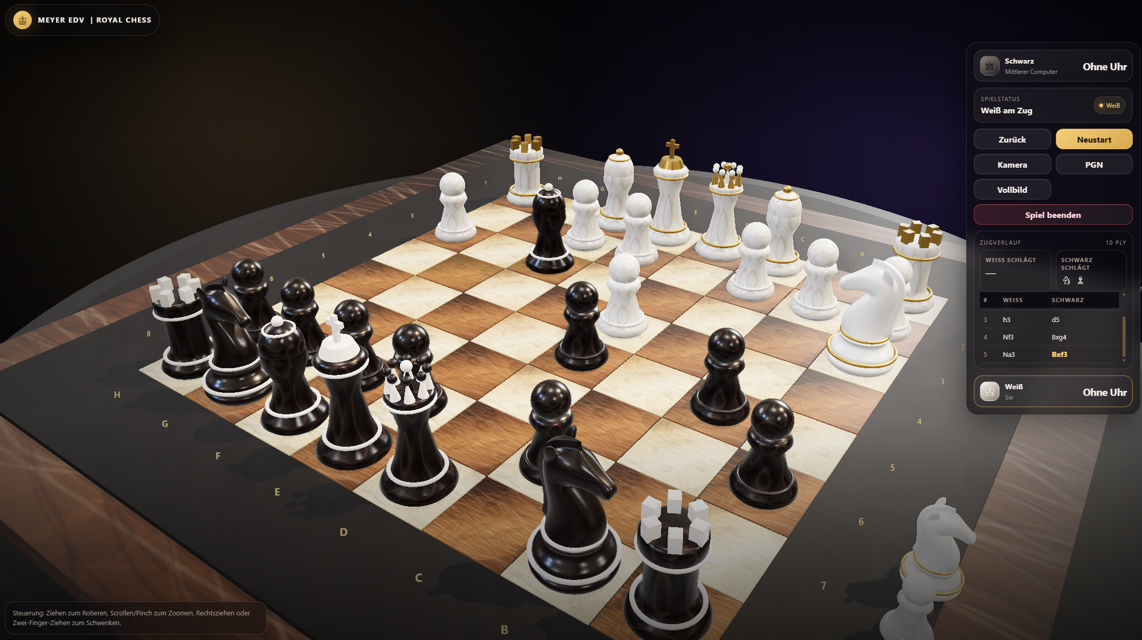 Screenshot: MEYER EDV Royal Chess – 3D-Schach im Browser mit Live-Bewertung und Lernmodus