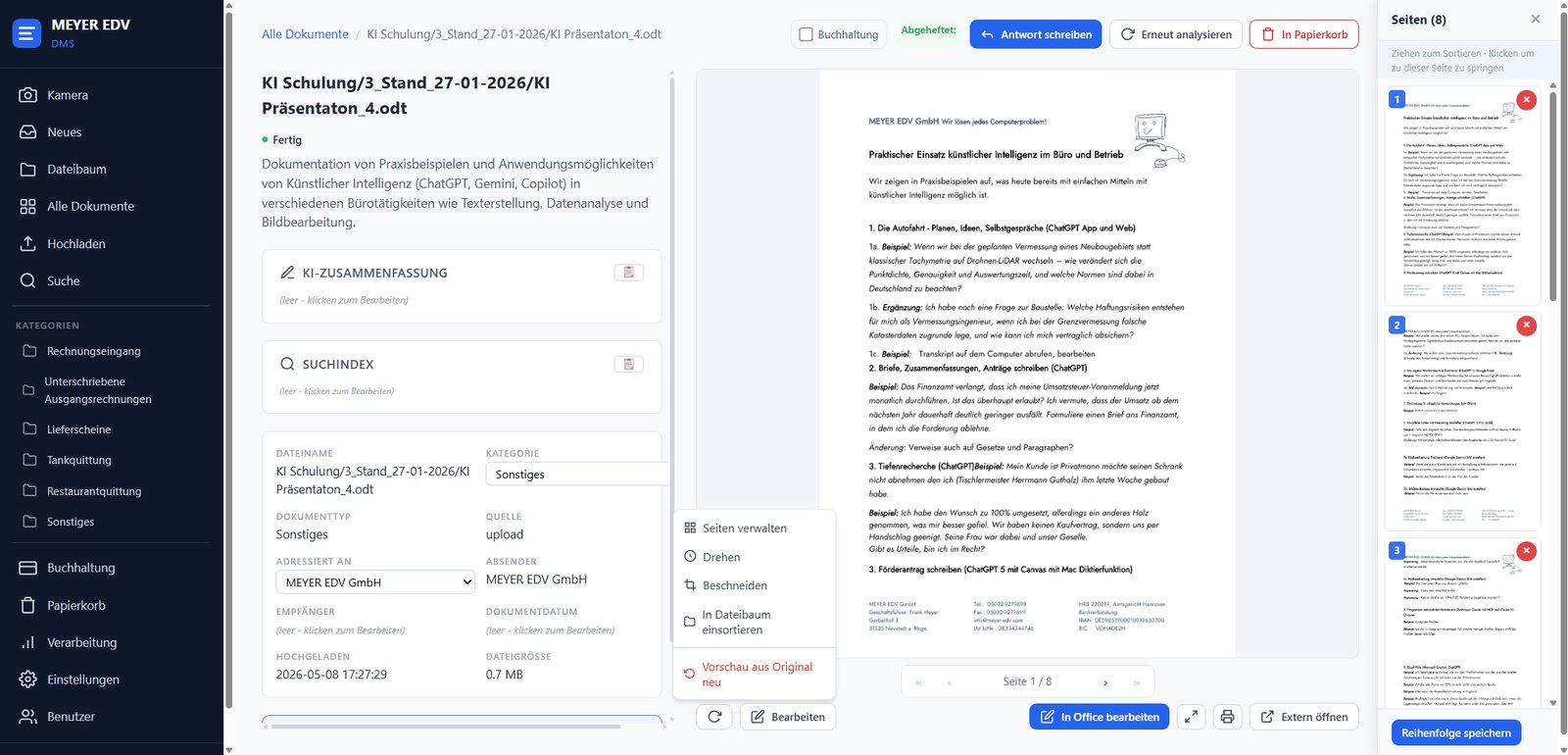 MEYER EDV DMS – Dokumentenansicht mit KI-Zusammenfassung, Suchindex und Office-Vorschau
